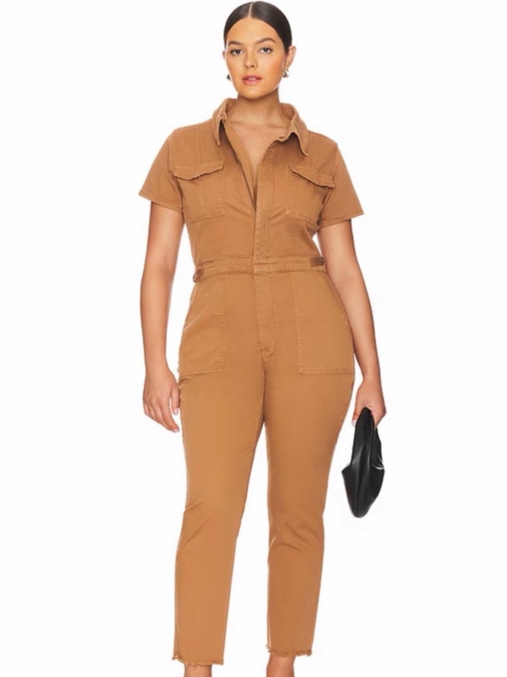 NWT Good American Short-Sleeve Utility Jumpsuit in Camel Brown/Tan